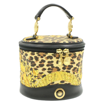 GIANNI VERSACE Sun Face Vanity Hand Bag PVC Leather Black Yellow Auth am157g