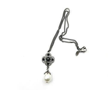 CHANEL Gunmetal CC Black Bead Filigree Pearl Dangle Necklace