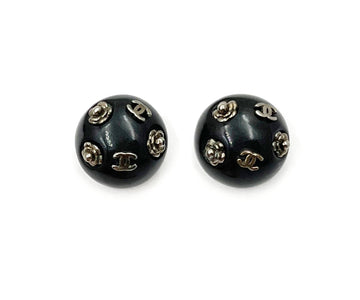 CHANEL Silver CC Flower Black Dome Clip on Earrings