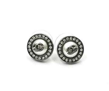 CHANEL Gunmetal CC Pearl Crystal Round Piercing Earrings