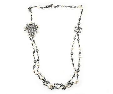 CHANEL Gunmetal CC Snowflake Baguette Crystal 2 Strand Pearl Long Necklace