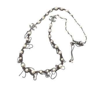 CHANEL Gunmetal Pearl Dangling Chain Long Necklace
