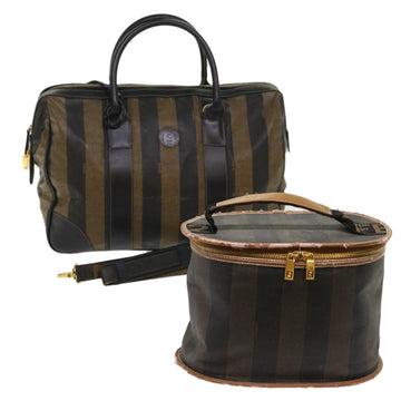 FENDI Pecan Canvas Hand Bag Boston Bag Coated Canvas 2Set Brown Black Auth hk751
