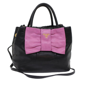 PRADA Ribbon Hand Bag Leather 2way Black Pink Auth hk777