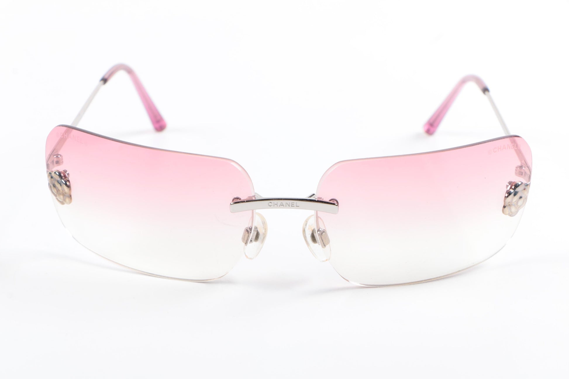 CHANEL Rimless Square Sunglasses Silver Pink Gradient Camellia Flower 4085  Auth