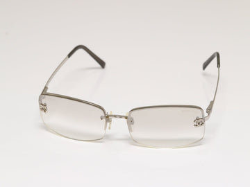 Chanel CC Logo Silver Clear Rimless Rhinestone Sunglasses
