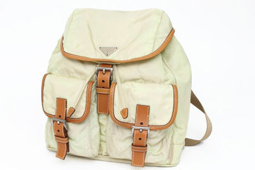 Prada Sport Cream Ivory Brown Nylon Leather Logo Shoulder Rucksack Bag Backpack
