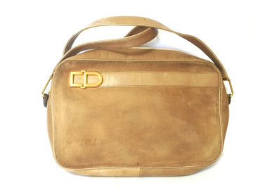 CHRISTIAN DIOR Vintage brown beige suede leather shoulder bag with golden CD motif