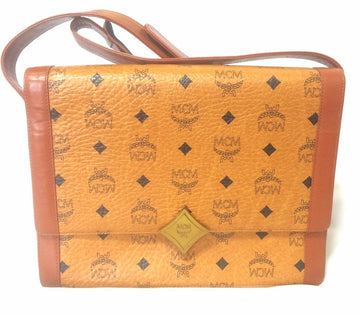MCM Vintage brown monogram square shoulder bag with leather straps and golden star shape logo motif closure