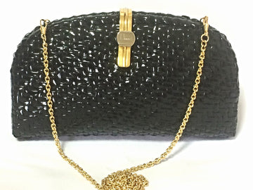 Vintage LANCEL, black bamboo woven clutch bag in round oval shape with chain strap. Unique piece you must have.