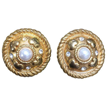 ESCADA Vintage extra large round golden earrings with heart, faux pearl, and rhinestones