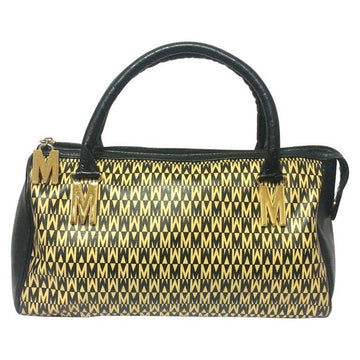 MOSCHINO Vintage black and ivory beige logo M print handbag, mini duffle bag with leather trimmings and golden M charms