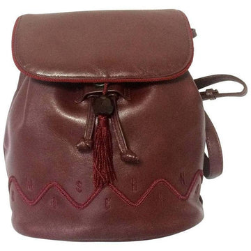 MOSCHINO Vintage genuine dark wine nappa leather backpack with tassel and logo embroidery motifs