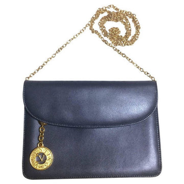 VALENTINO Vintage Garavani, gray leather chain shoulder bag with golden round V motif charm