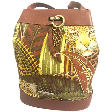 SALVATORE FERRAGAMO Vintage leopard in safari jungle print brown leather hobo shoulder bag with golden gancini motif