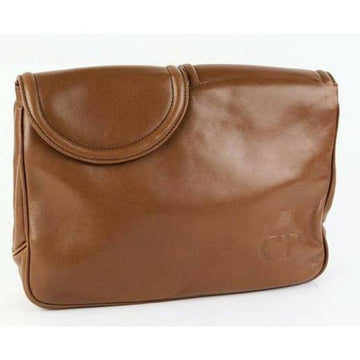 CHRISTIAN DIOR Vintage brown genuine nappa leather double flap clutch bag, classic unisex style bag with golden logo motif