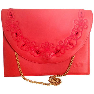 VALENTINO Vintage Garavani red leather clutch shoulder bag with red flower embroidery deco on the flap and V logo