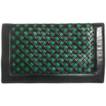 BOTTEGA VENETA Vintage intrecciato navy and green woven lamb leather large clutch bag, purse