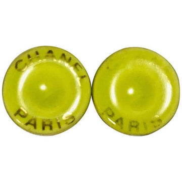 CHANEL Vintage yellow green, lime color and gold tone round button candy earrings