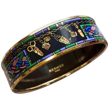 HERMES Vintage golden enamel and cloisonne bangle, bracelet with blue, purple, green etc