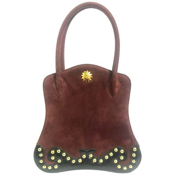 CHRISTIAN LACROIX Vintage genuine wine brown suede leather sexy feminine shape bag with golden logo motif and studs
