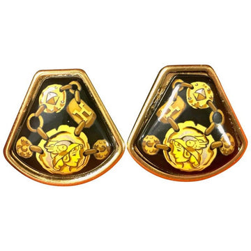HERMES Vintage cloisonne golden earrings with black and yellow chain, stud, H logo, mademoiselle design