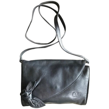VALENTINO Vintage Garavani, Black nappa leather clutch purse, shoulder bag with tied bow, ribbon and V logo motif at front