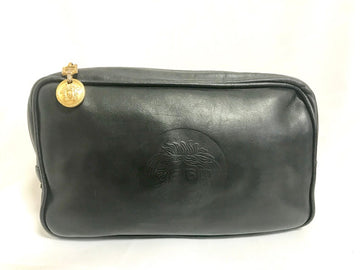 GIANNI VERSACE Vintage black leather purse pouch, case bag with its iconic medusa face and golden logo motif charm