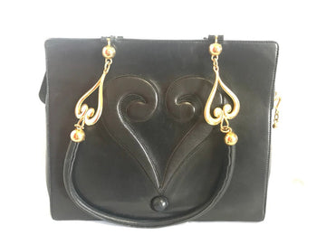 MOSCHINO Vintage black nappa leather tote shoulder bag with iconic heart question mark motifs