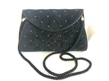 VALENTINO Vintage Garavani black suede leather shoulder bag, clutch purse with crystal stones and scale quilted stitches