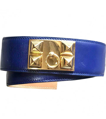 HERMES 90's Vintage Collier de Chian blue belt, calfskin Medor belt with gold-plated hardware