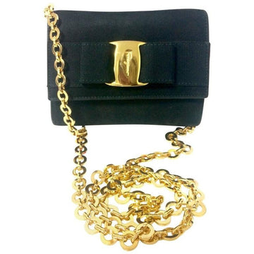 SALVATORE FERRAGAMO Vintage black leather shoulder mini bag with golden chain and Vara bow motif