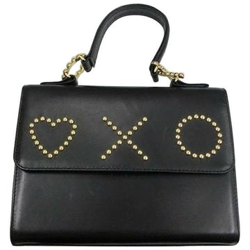 MOSCHINO Vintage black leather handbag in classic kelly purse style with golden studded heart, X, and O, playful motifs