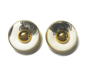 HERMES Vintage golden round earrings with white silk fabric frames