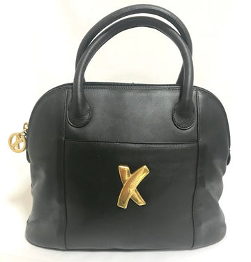PALOMA PICASSO Vintage black leather bolide bag style handbag with iconic golden logo motif