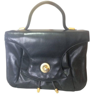 BALLY Vintage black leather retro pop design bag, business purse with gold tone drawstrings and unique flap cut design