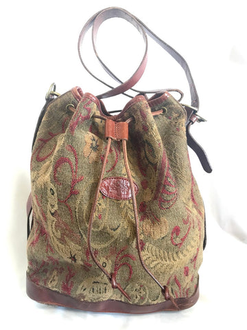MULBERRY Vintage khaki and wine brown gabeline weave fabric hobo bucket shoulder bag with leather trimming