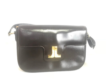 LANVIN Vintage dark brown leather elegant shoulder bag with iconic golden logo motif, Classic purse for daily use