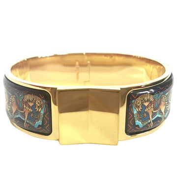 HERMES Vintage cloisonne enamel golden click and clack Flacon bangle with multicolor ethnic and horse design