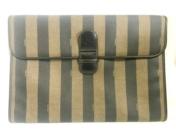 FENDI Vintage gray pecan stripe portfolio document bag, large clutch bag with black leather trimmings