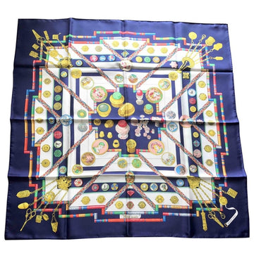 HERMES Vintage Carre navy silk scarf with yellow, pink, green, and multicolor medal and princess etc print