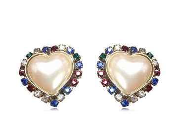 ESCADA Vintage faux pearl heart earrings with red, clear, blue, & green crystals