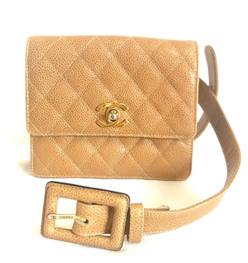 CHANEL Vintage beige brown caviarskin waist purse, hip bag, fanny pack with golden CC mark