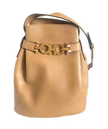 SALVATORE FERRAGAMO Vintage camel brown leather hobo style shoulder bag with gancini gold tone closure