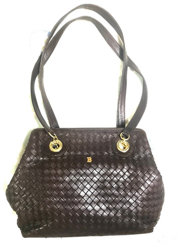 BALLY Vintage dark brown lamb leather woven, intrecciato style shoulder bag with golden B logo motif