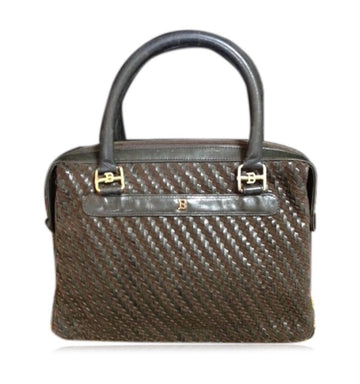 BALLY Vintage darkbrown and khaki smooth and suede leather woven combination handbag purse with golden B logo motif