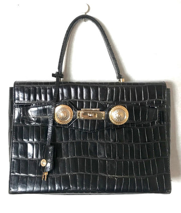GIANNI VERSACE Vintage black croc embossed leather Kelly style bag with Medallion Sunburst motifs