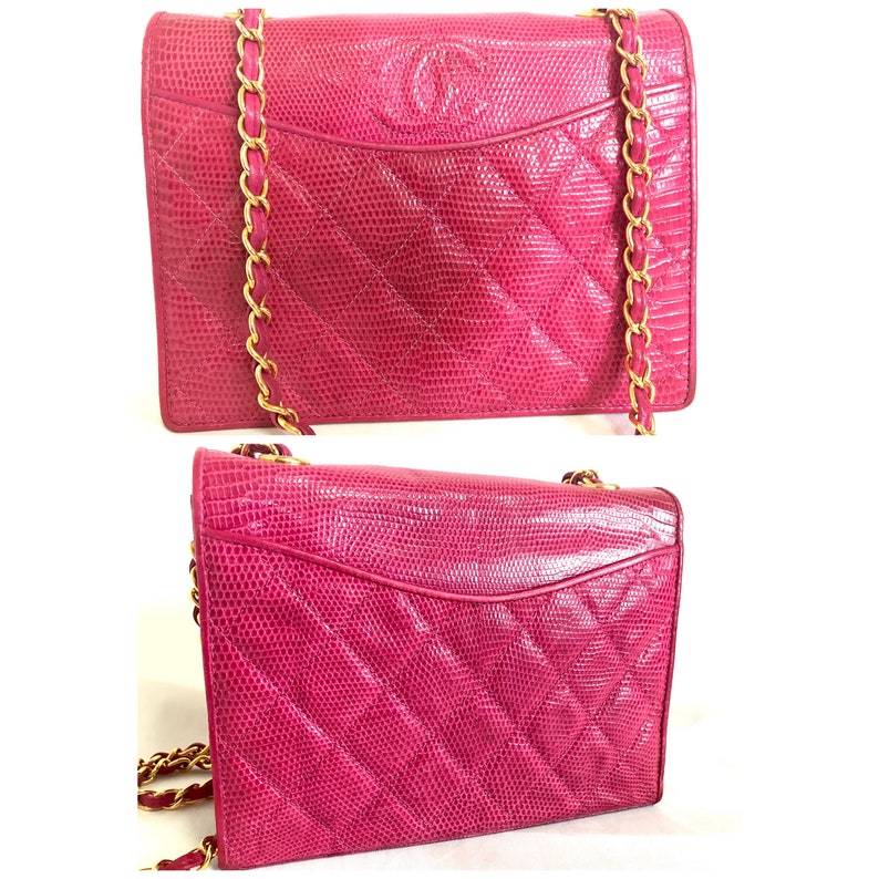 Chanel Vintage Hot Pink Genuine Lizard Leather Envelop Style Flap Shoulder Bag With CC Stitch Mark And Golden Chain Strap