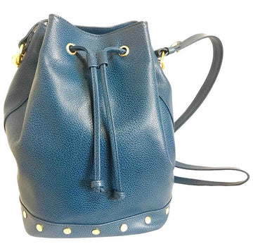 LANVIN Vintage blue grained leather hobo bucket shoulder bag with golden logo motifs