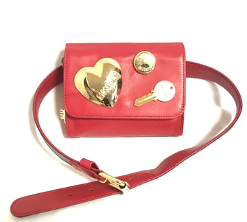 MOSCHINO Vintage red leather waist purse, fanny pack, clutch bag with large golden heart, key motifs, and can budge motif